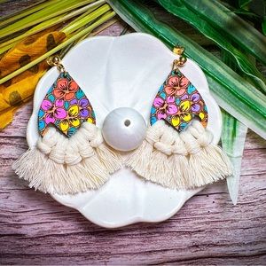 Floral Macrame Wooden Hand-painted Earrings